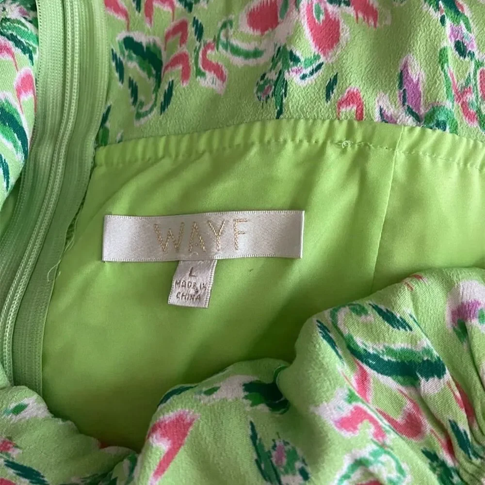WAYF Liv Green Floral Puff Sleeve Mini Dress Scoop Neck Back Tie Detail Size L - Picture 5 of 5